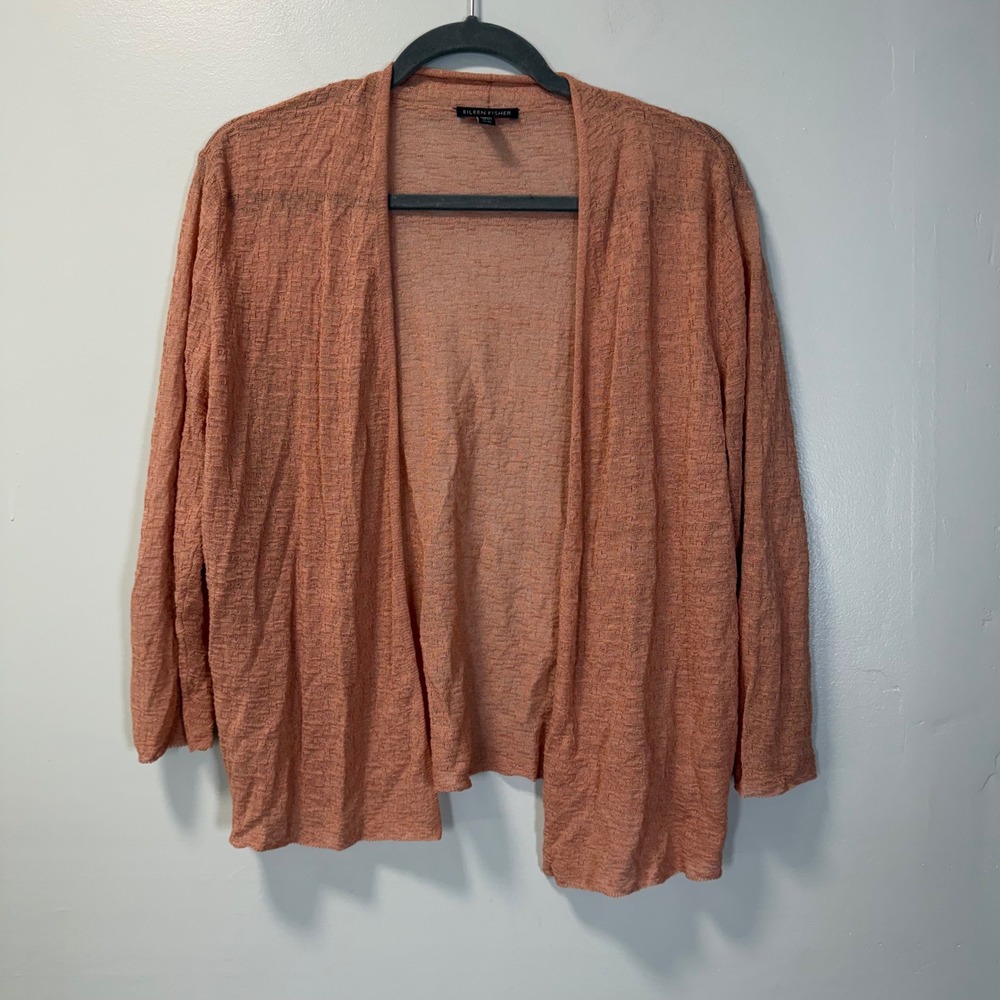 Eileen Fisher Organic Linen Cardigan Sweater Medium Coral Pink Open Front S19AOT
